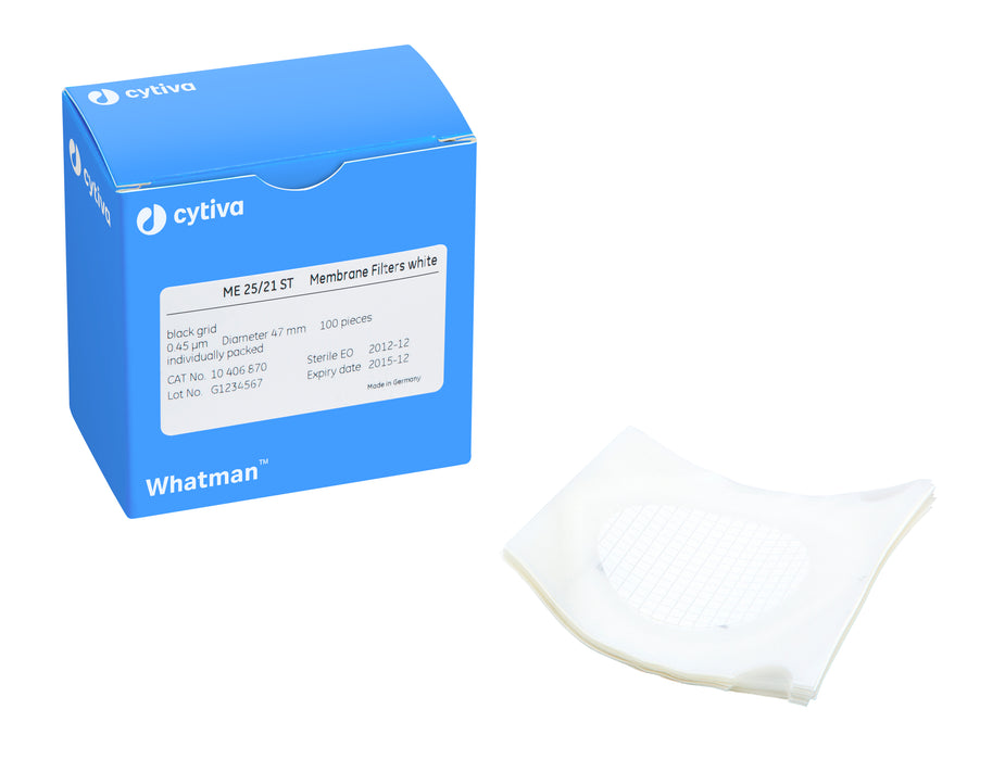 Whatman 10409770 Filter Circles, 47mm Dia, Mixed Cellulose Ester ME Range - ME 25/31, Gridded, Black/ White Grid 3.1mm, 0.45 micrometer Pore Size, Sterile, 100/pk (PN: 10409770)