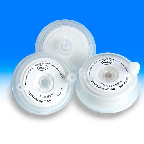 PALL SC050P100 Supracap 50 depth filter capsule with single-layer media grade K100P (1-3 µm retention rating) and luer-lock connections