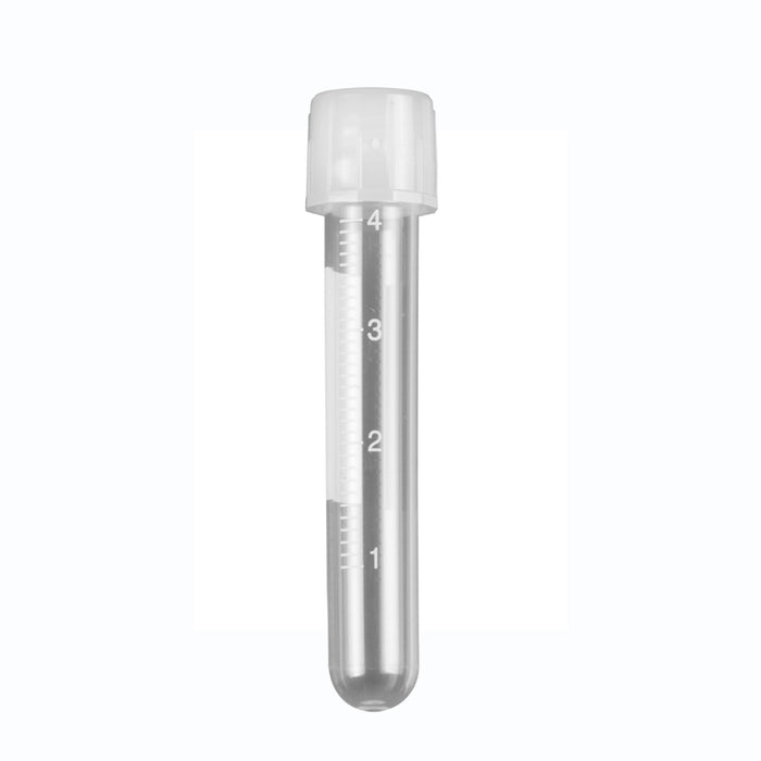 MTC Bio T8742 Culture Tube, 5mL, 12 x 75mm, PS, w/ attached 2-position screw-cap, printed graduations, sterile, 10 foam racks of 50 tubes