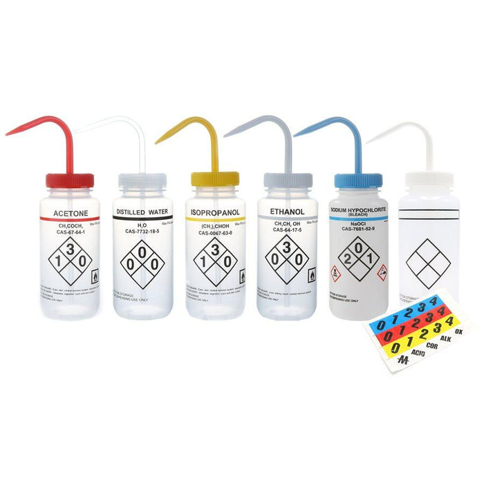 Heathrow Scientific 120255 Wash Bottles Safety Labeled, Self Venting, Wide Mouth, 500 mL, Sodium Hypochlorite, White/Blue